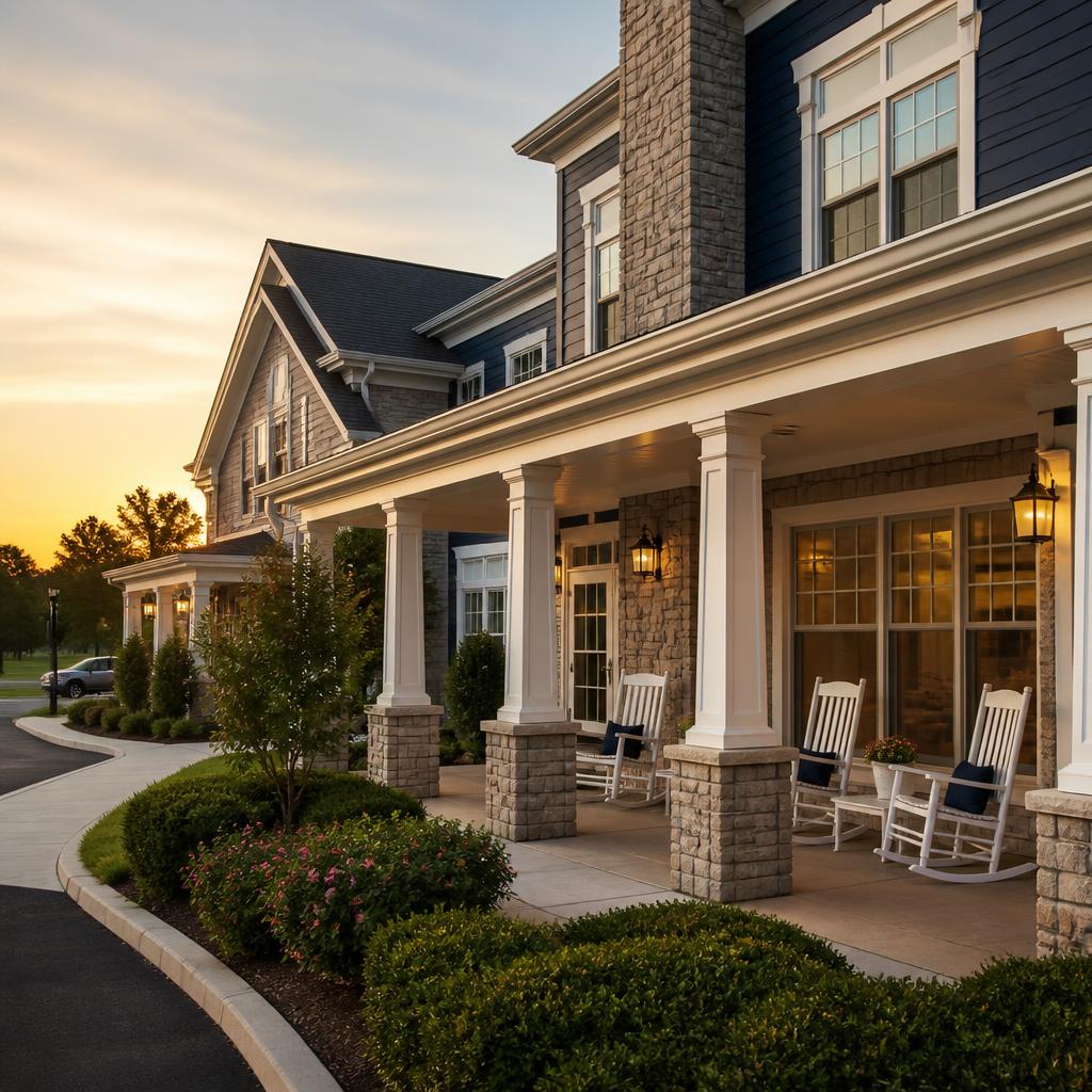 Stonegate Residences exterior at golden hour with welcoming porch and gardens